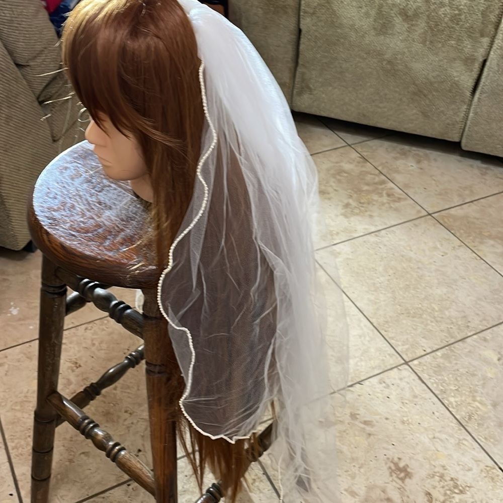 Illusions 32 inch Champagne Veil with tiny pearl trimming around veil New